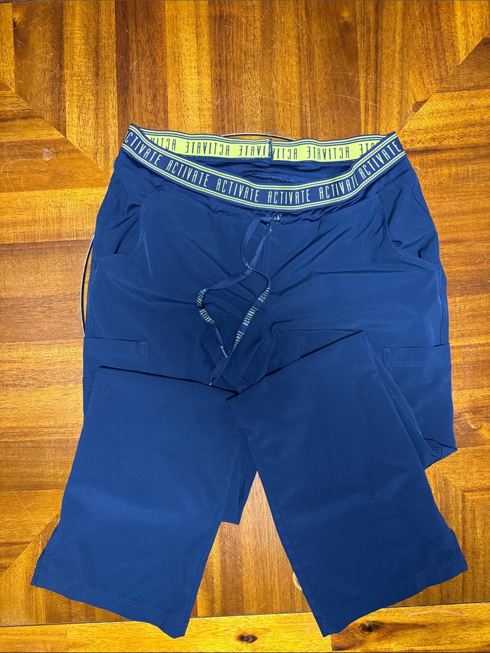 Med Couture Navy Boot Cut Flare Active Pants with Lime Waistband. Medium tall